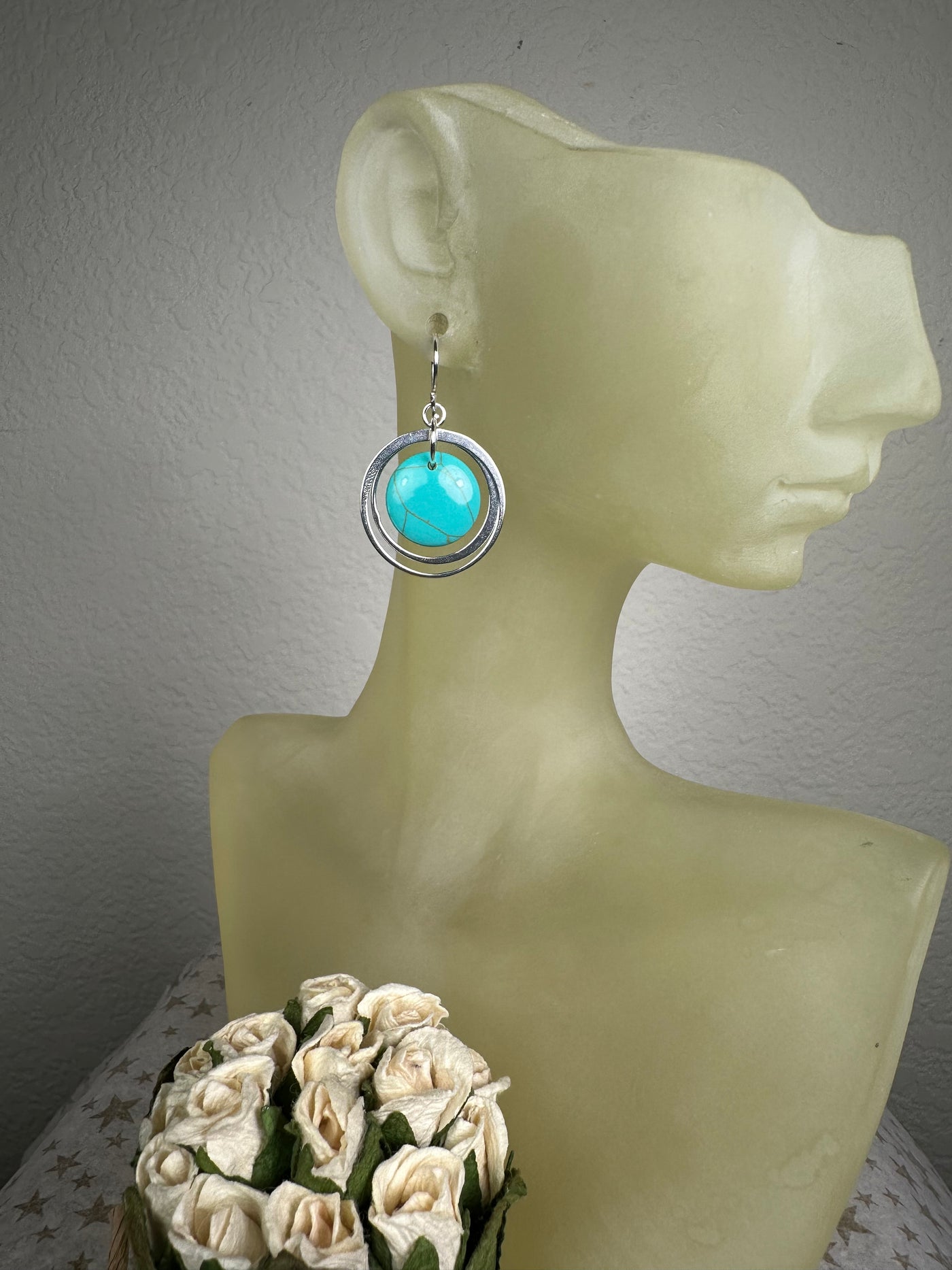 Round Disk Howlite-Turquoise Dangling Earrings in Sterling Silver