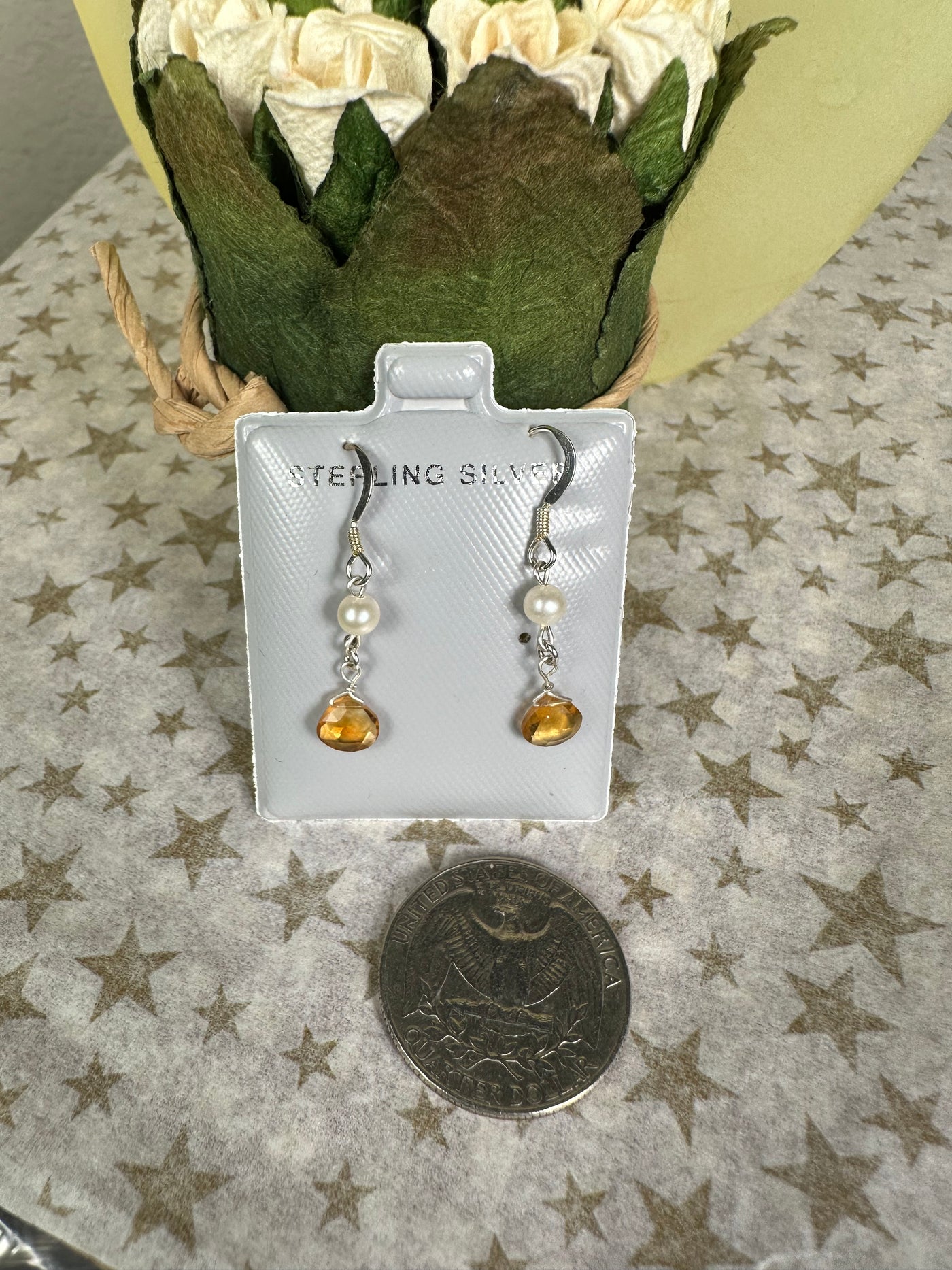 Sterling Silver Genuine Pearl and Citrine Dangling Earrings