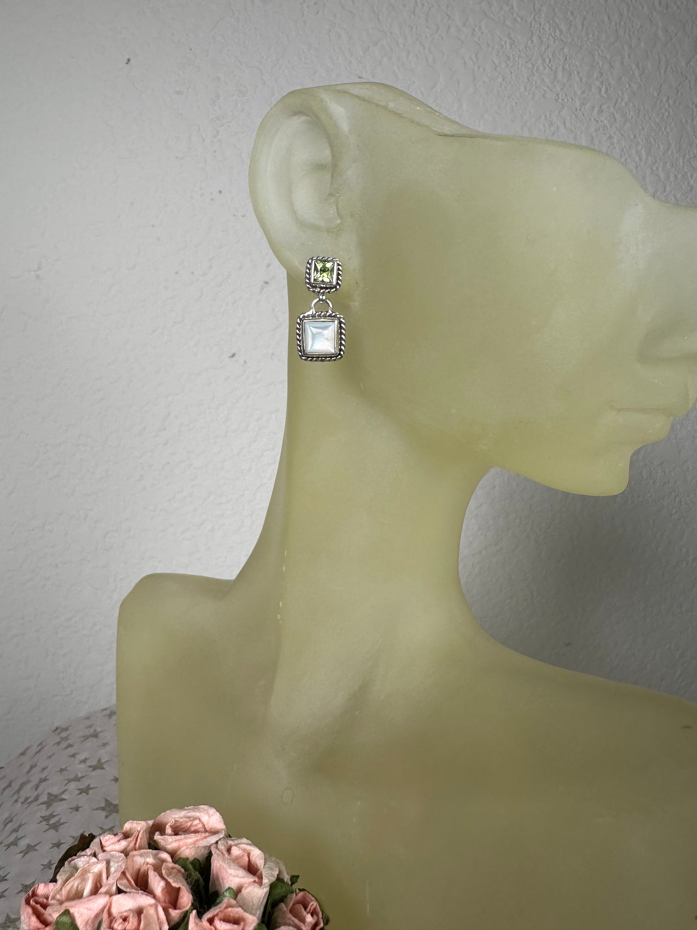 White Shell Peridot Dangling Earrings in Sterling Silver