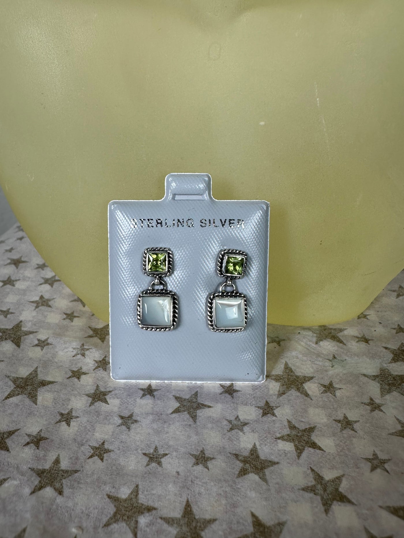 White Shell Peridot Dangling Earrings in Sterling Silver