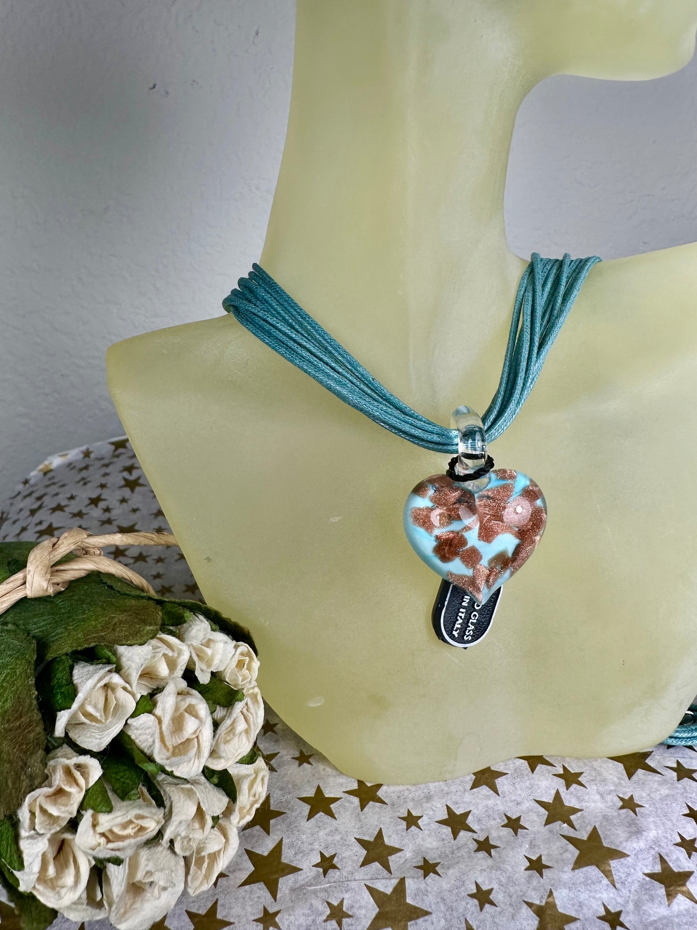 Light Blue Teal Murano Glass Puffy Heart Pendant from Italy