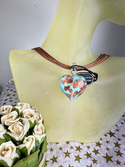 Light Blue Teal Murano Glass Puffy Heart Pendant from Italy