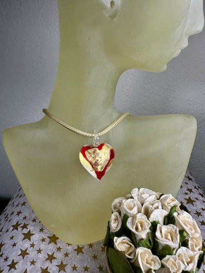 White & Red Murano Glass Puffy Heart Pendant from Italy