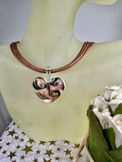 White Background Rose Gold Tone Foil Murano Glass Puffy Heart Pendant from Italy