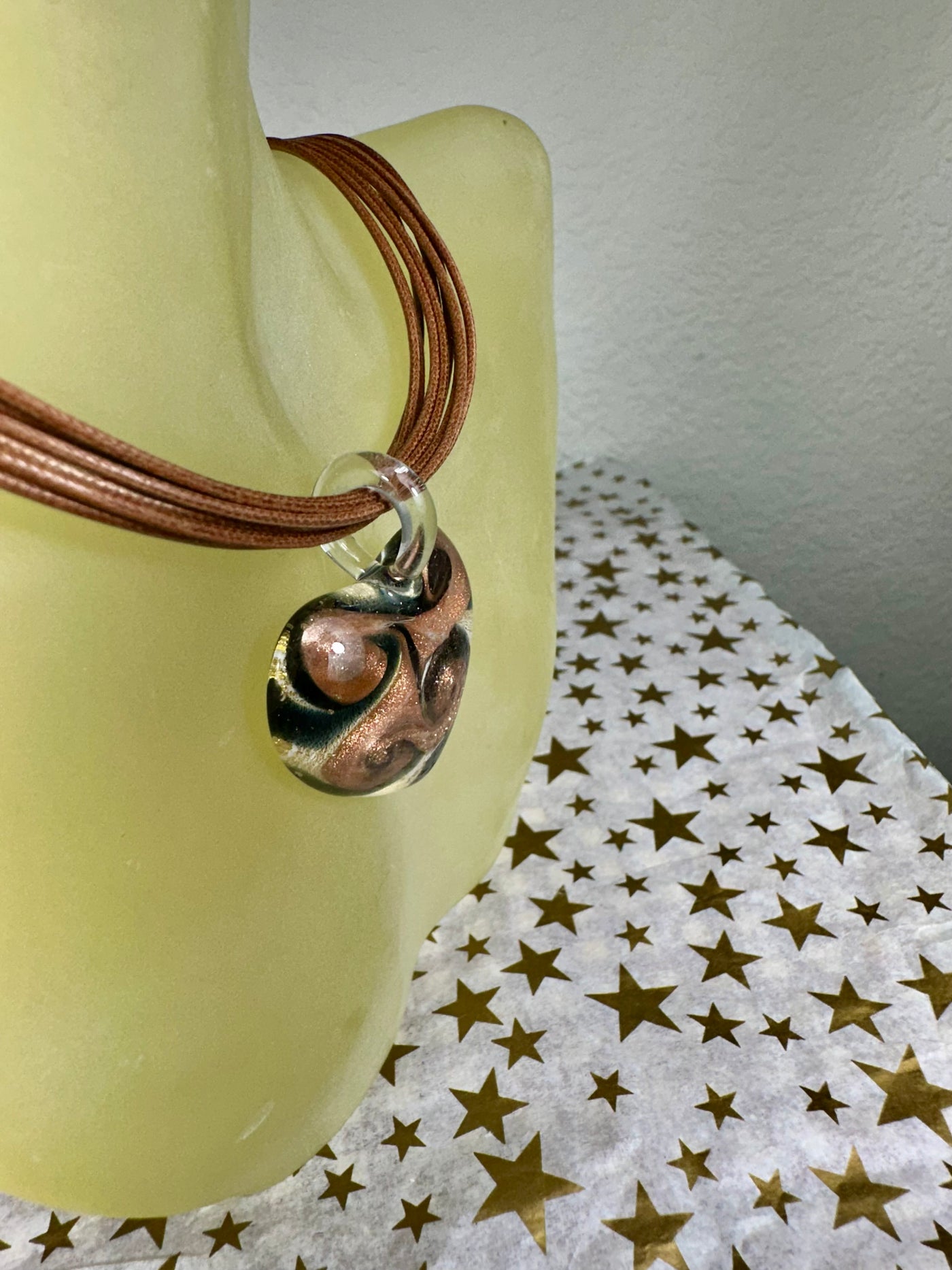 White Background Rose Gold Tone Foil Murano Glass Puffy Heart Pendant from Italy