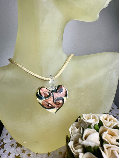 White Background Rose Gold Tone Foil Murano Glass Puffy Heart Pendant from Italy