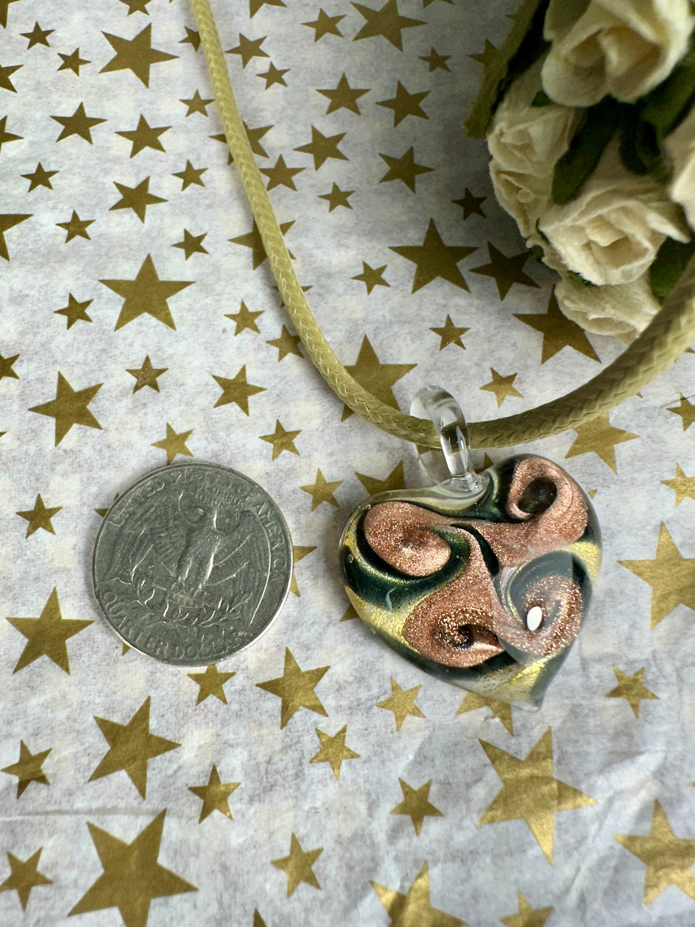 White Background Rose Gold Tone Foil Murano Glass Puffy Heart Pendant from Italy