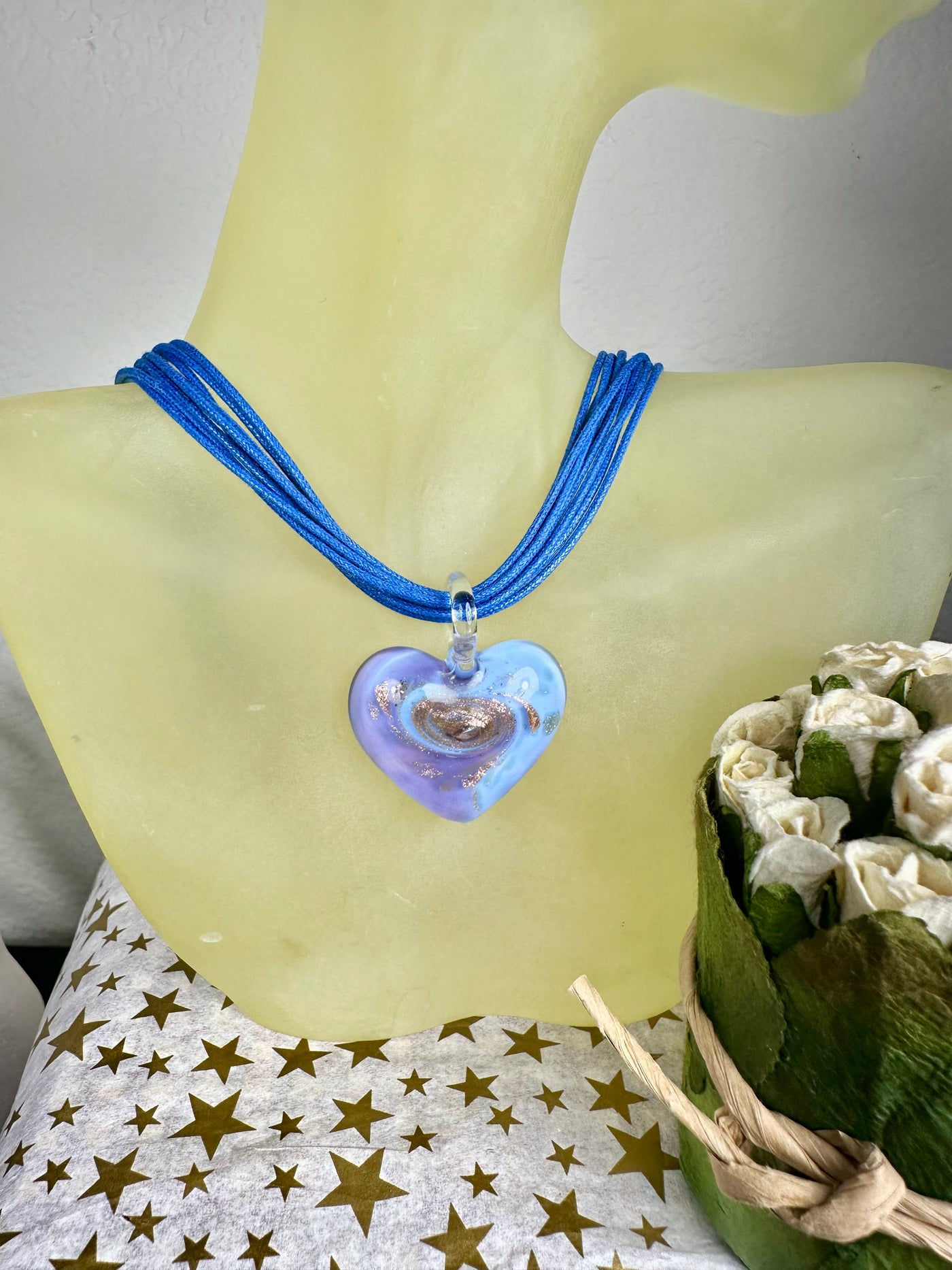 Italian Lt. Blue and Purple Swirl Murano Glass Heart Pendant