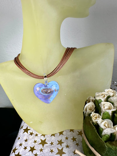 Italian Lt. Blue and Purple Swirl Murano Glass Heart Pendant