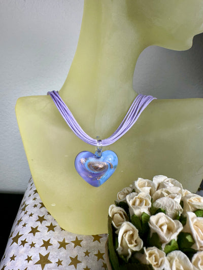 Italian Lt. Blue and Purple Swirl Murano Glass Heart Pendant
