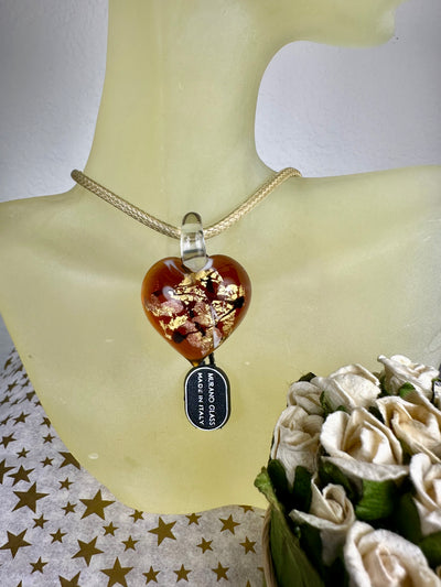 Italian Brown Murano Glass Puffy Heart Pendant with Gold Tone Foil