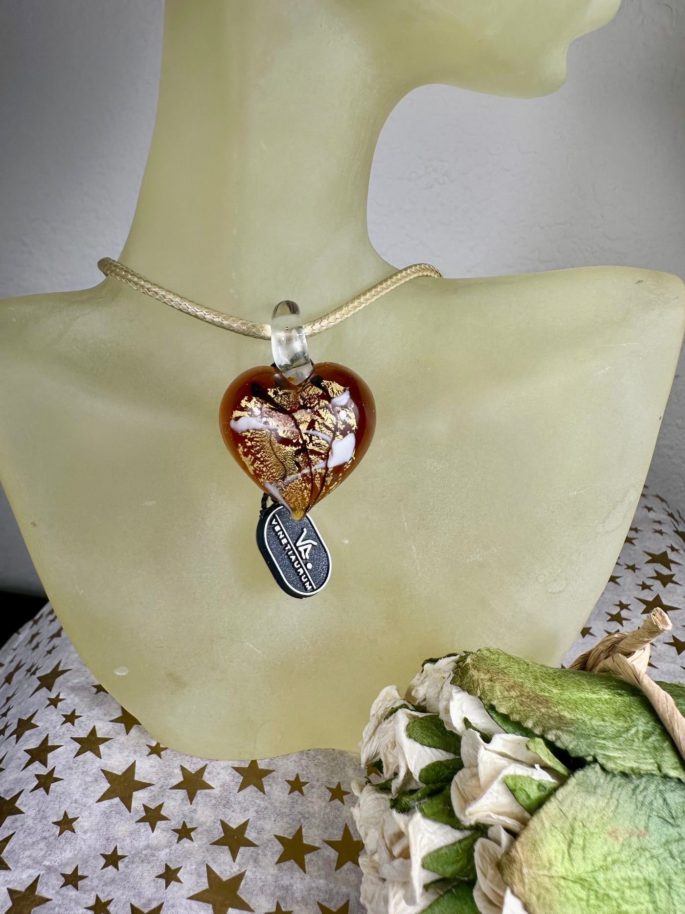 Italian Brown Murano Glass Puffy Heart Pendant with Gold Tone Foil