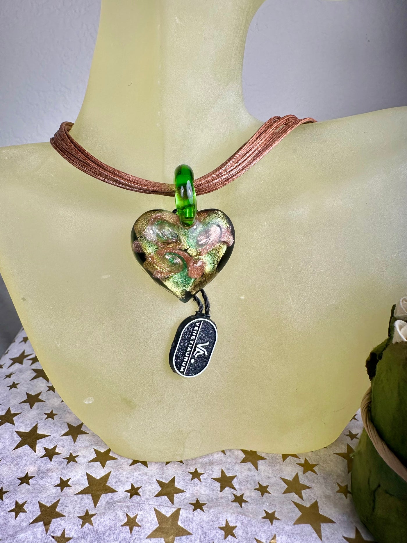 Green Background with Rose Gold Tone Foil Murano Glass Puffy Heart Pendant from Italy