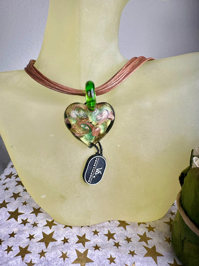 Green Background with Rose Gold Tone Foil Murano Glass Puffy Heart Pendant from Italy
