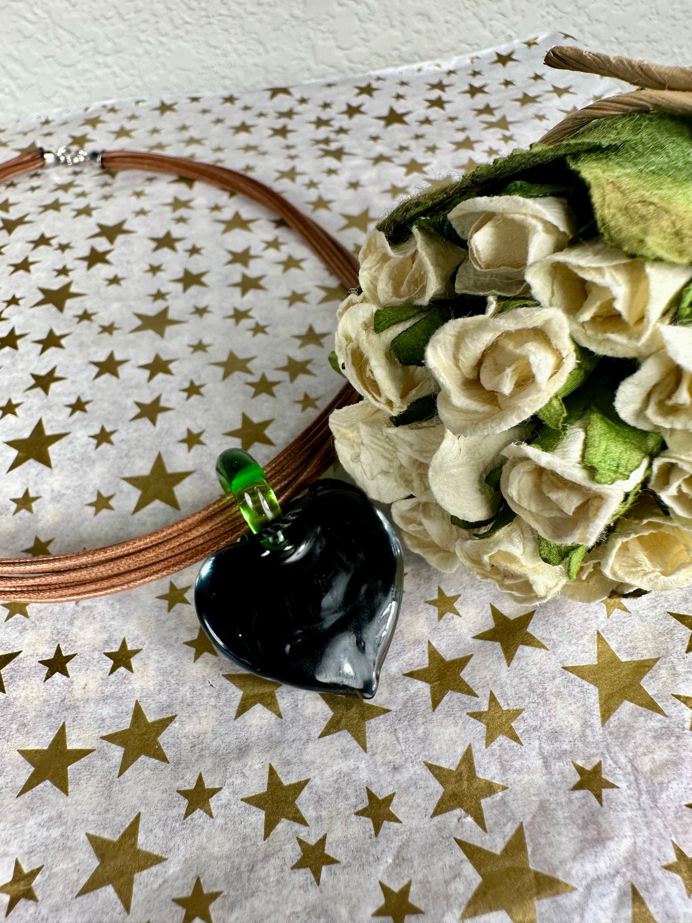 Green Background with Rose Gold Tone Foil Murano Glass Puffy Heart Pendant from Italy