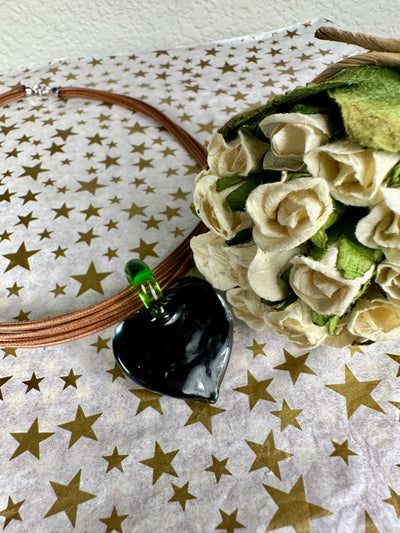 Green Background with Rose Gold Tone Foil Murano Glass Puffy Heart Pendant from Italy