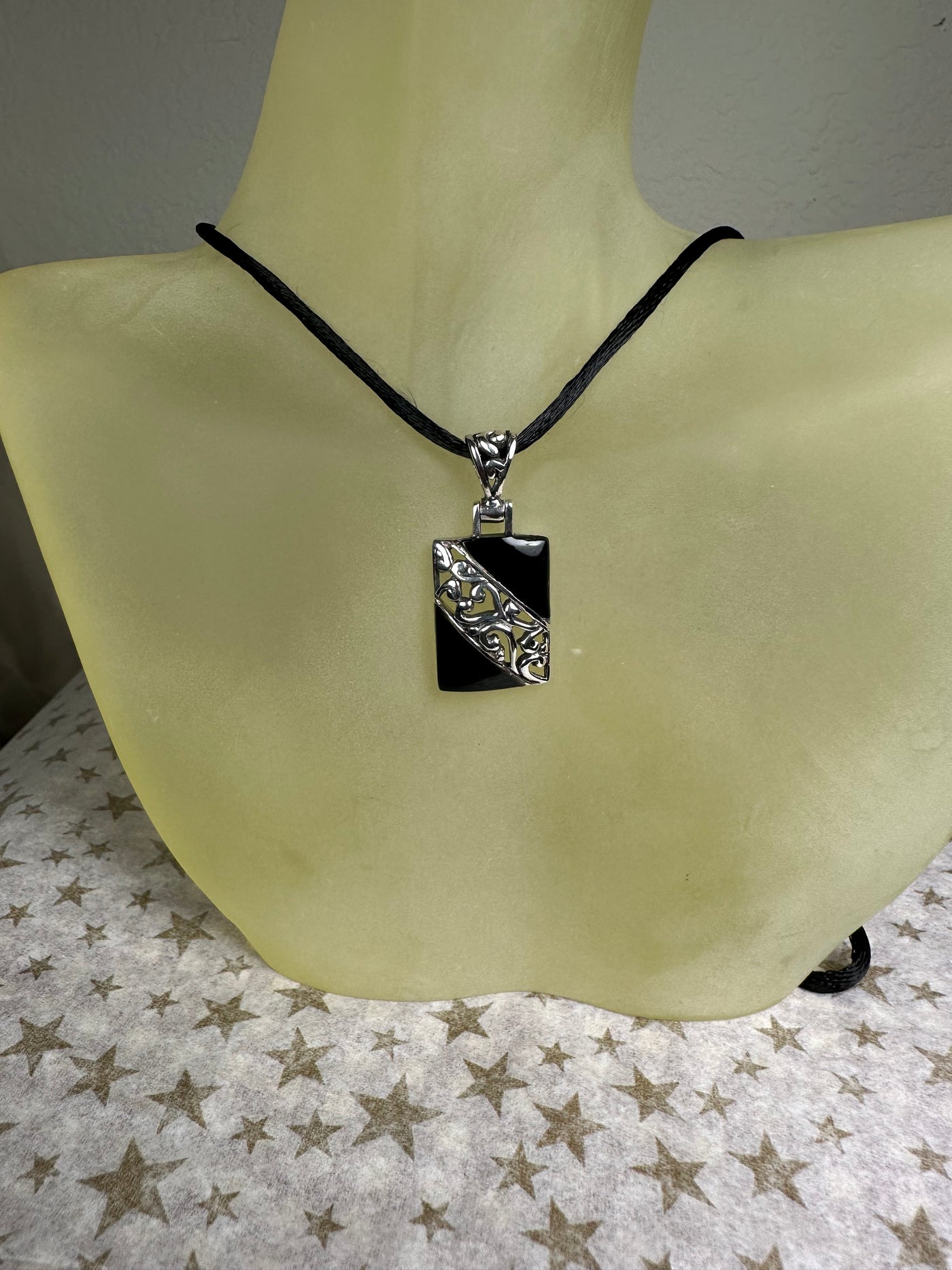 Filigree Sterling Silver & Onyx Rectangular Pendant