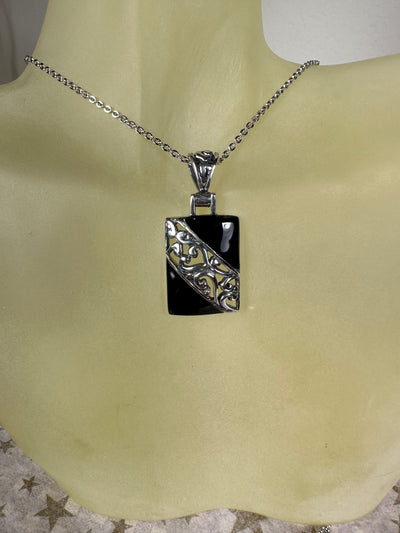 Filigree Sterling Silver & Onyx Rectangular Pendant