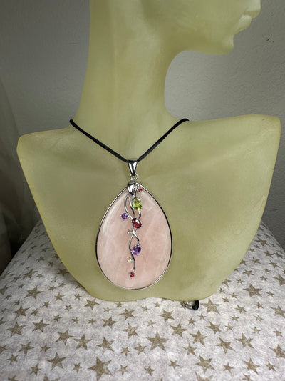 Sterling Silver & Rose Quartz Pendant with Garnet Amethyst Peridot Accent