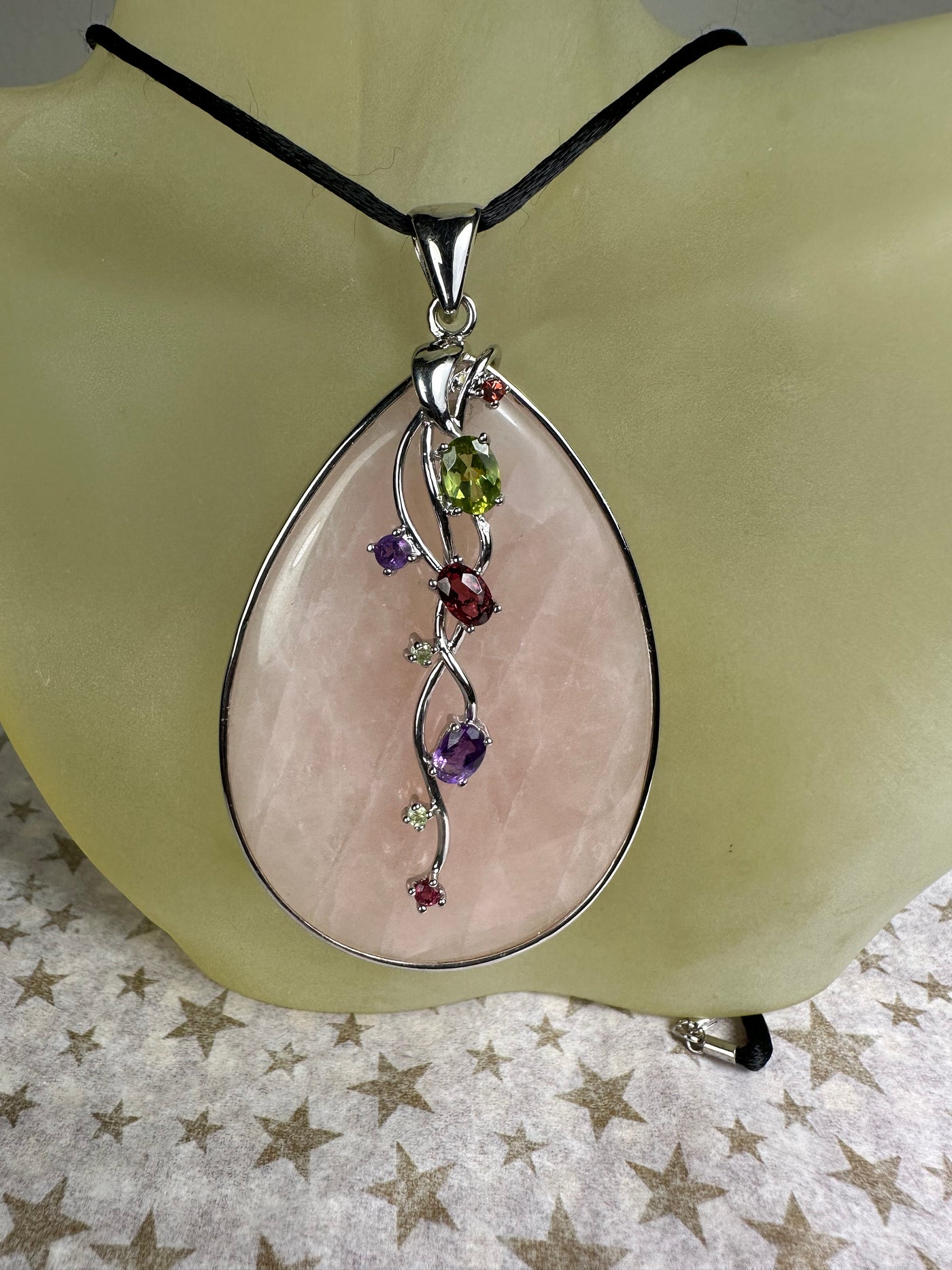 Sterling Silver & Rose Quartz Pendant with Garnet Amethyst Peridot Accent