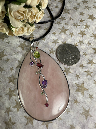 Sterling Silver & Rose Quartz Pendant with Garnet Amethyst Peridot Accent