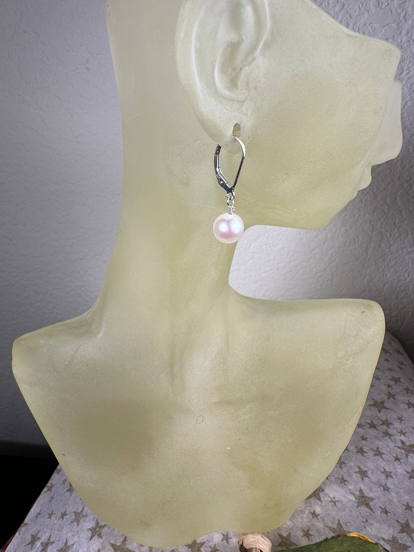 Sterling Silver & Genuine White Pearl Lever Back Dangling Earrings