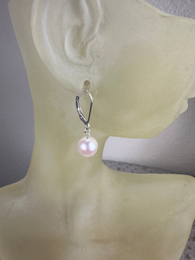 Sterling Silver & Genuine White Pearl Lever Back Dangling Earrings