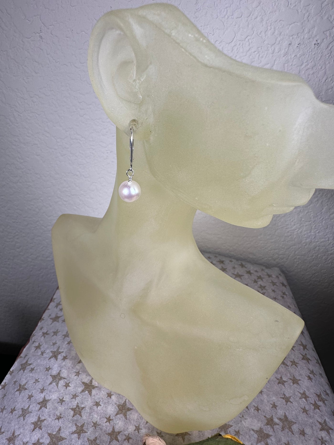 Sterling Silver & Genuine White Pearl Lever Back Dangling Earrings