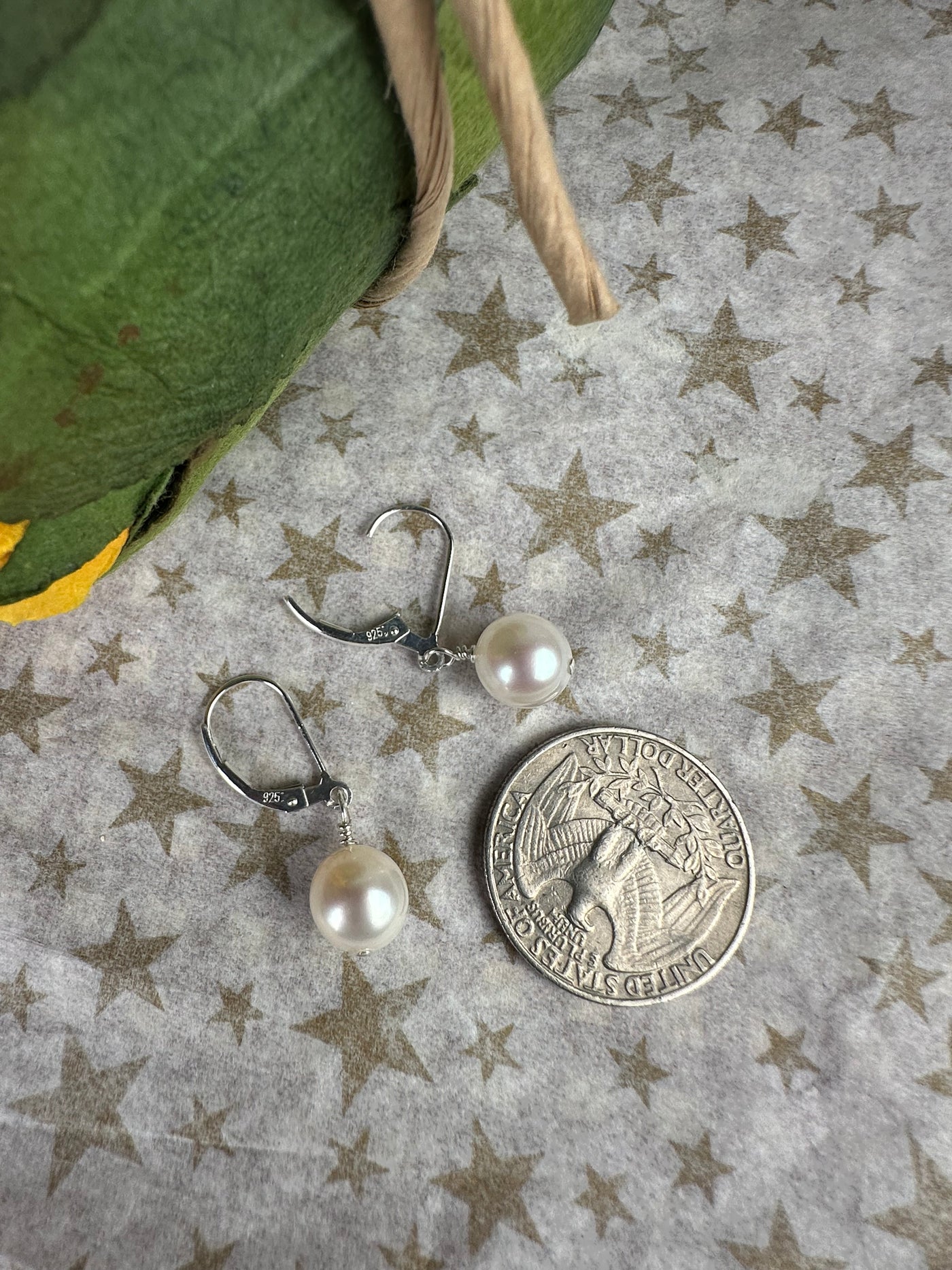 Sterling Silver & Genuine White Pearl Lever Back Dangling Earrings