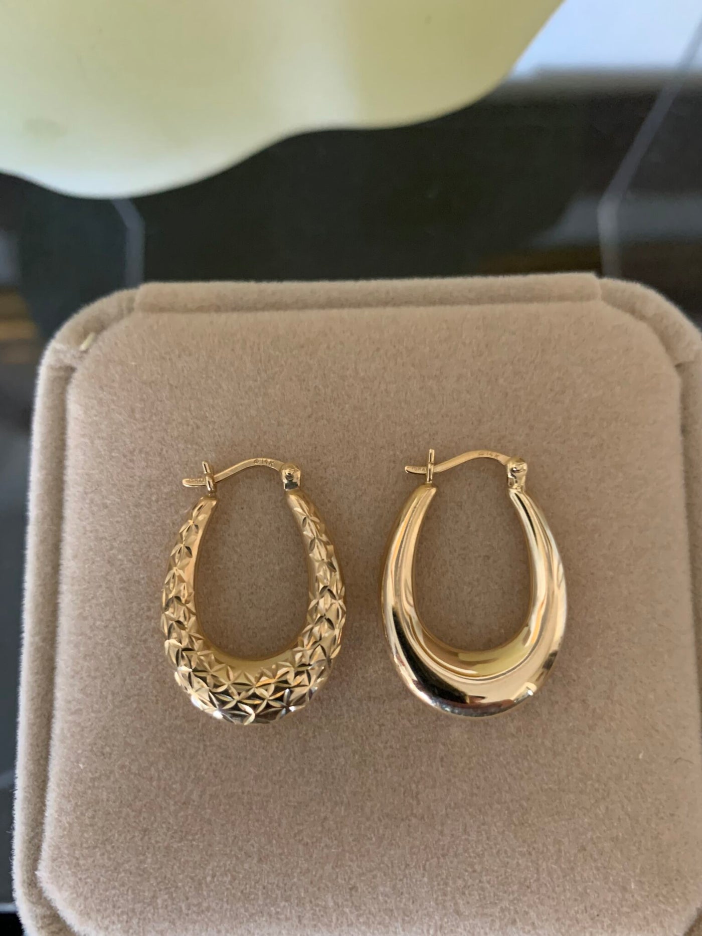 Solid 14K Yellow Gold Oval Hoop Earrings with Diamond Cut Design