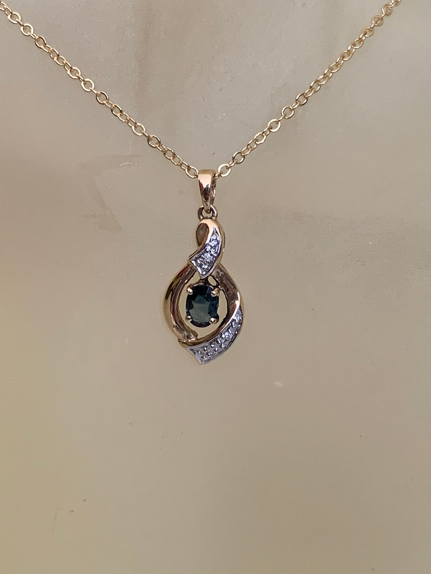 14K Genuine Blue Sapphire & Diamond Pendant + Gold Tone Chain