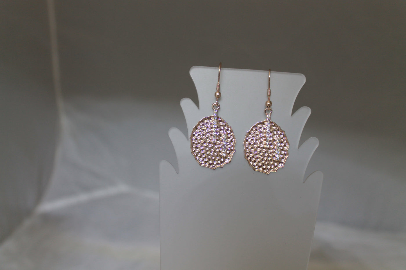 Hammered Disk Dangling Earrings with Linear Crystal Decoration