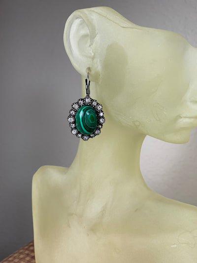 Oval Reconstituted Dangling Earrings with Crystals in Turquoise Malachite Gold Sand Stone