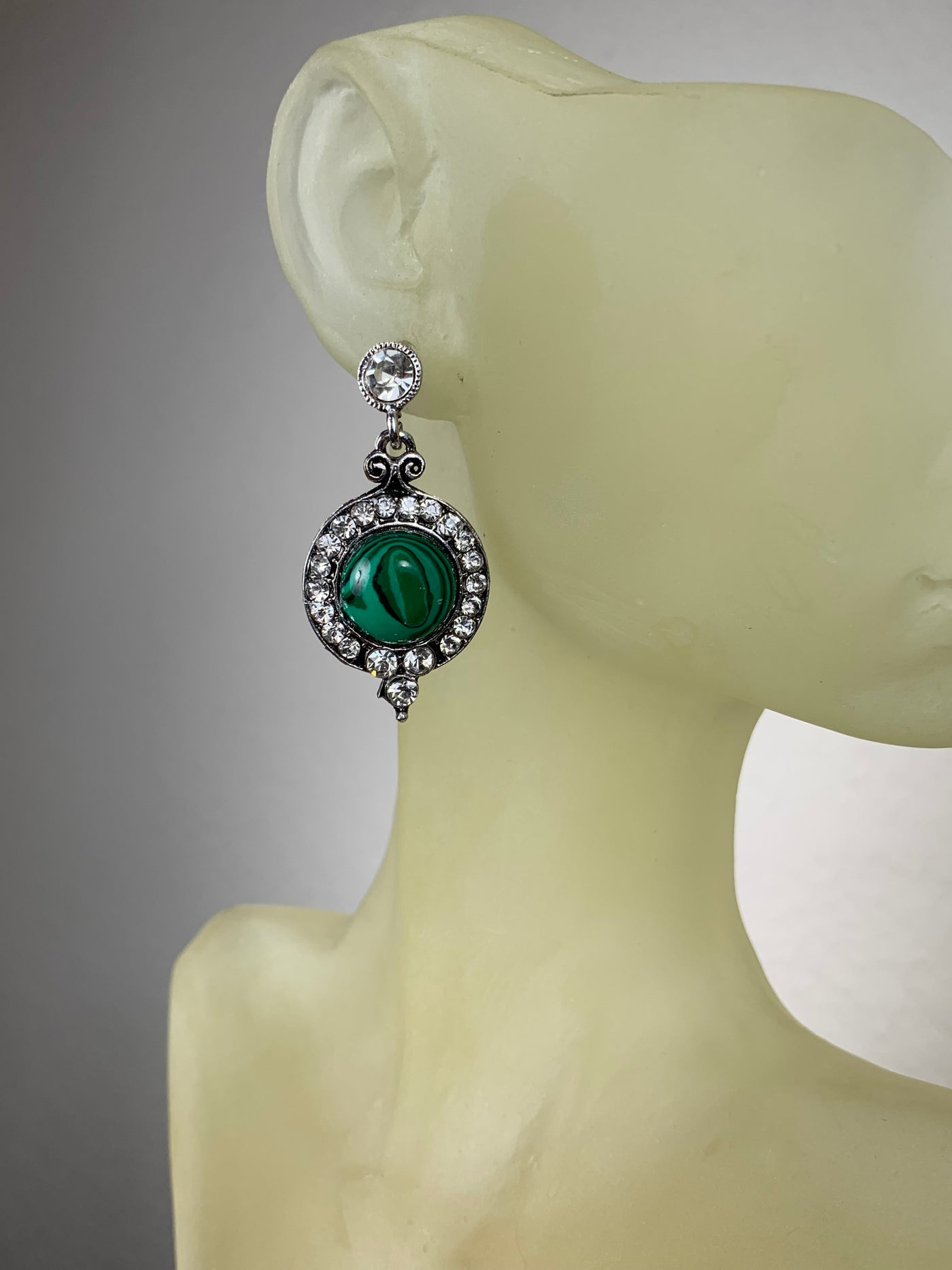Round Reconstituted Earrings Surrounded by Crystals in Turquoise Malachite Gold Sand Stone & Amethyst