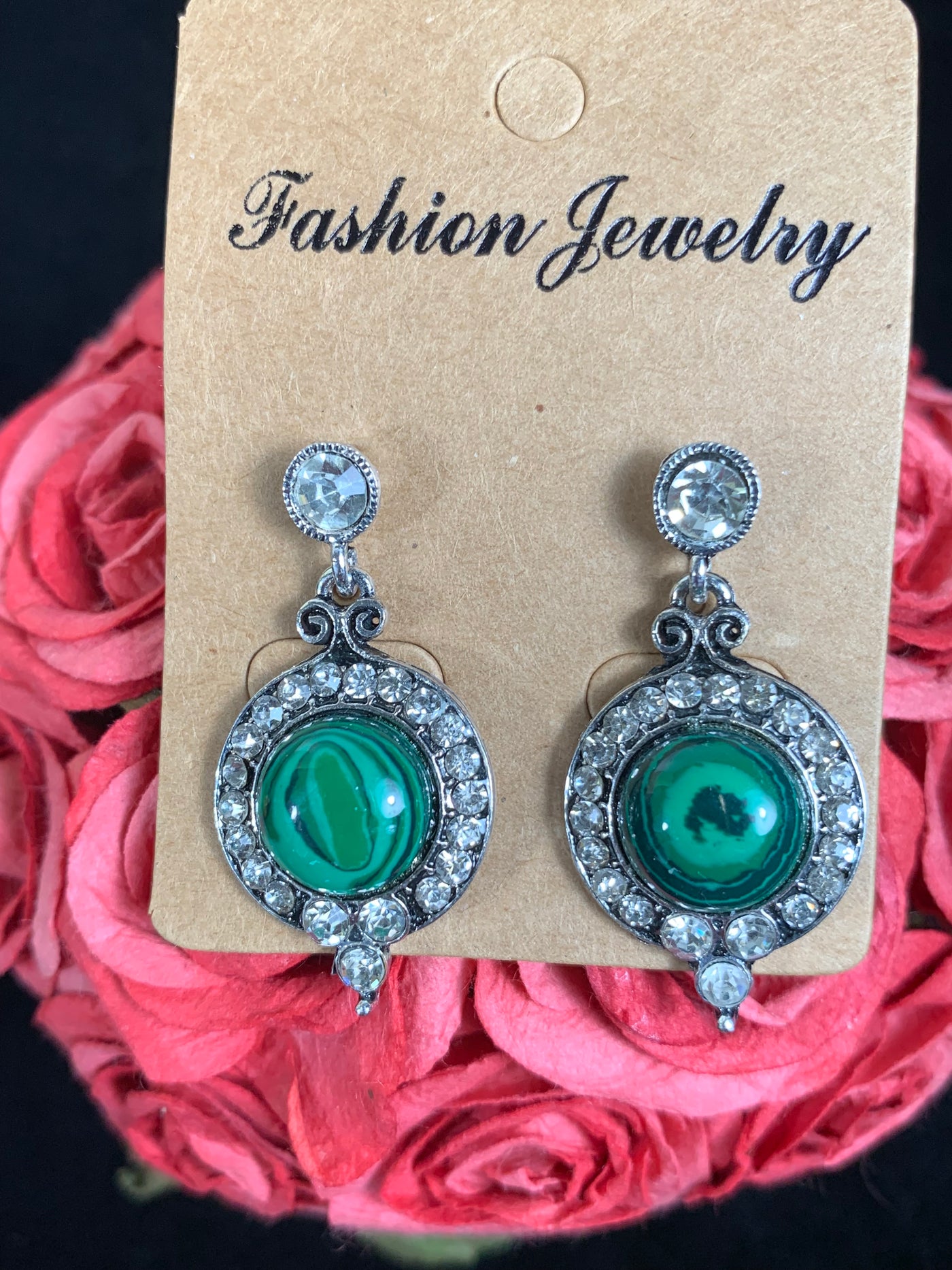 Round Reconstituted Earrings Surrounded by Crystals in Turquoise Malachite Gold Sand Stone & Amethyst