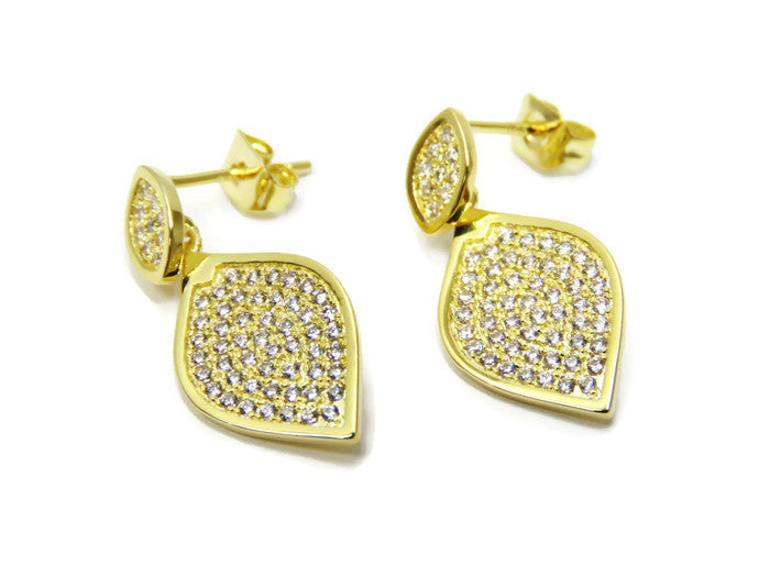 Yellow Gold Tone Pave Set Cubic Zirconia Dangling Leaf Earrings