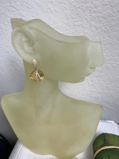 Yellow Gold Tone Dangling Basket Earrings with Pave Set Cubic Zirconia