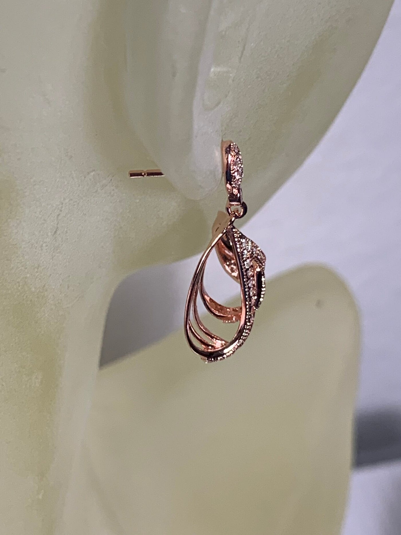 Rose Gold Tone Dangling Basket Earrings with Pave Set Cubic Zirconia