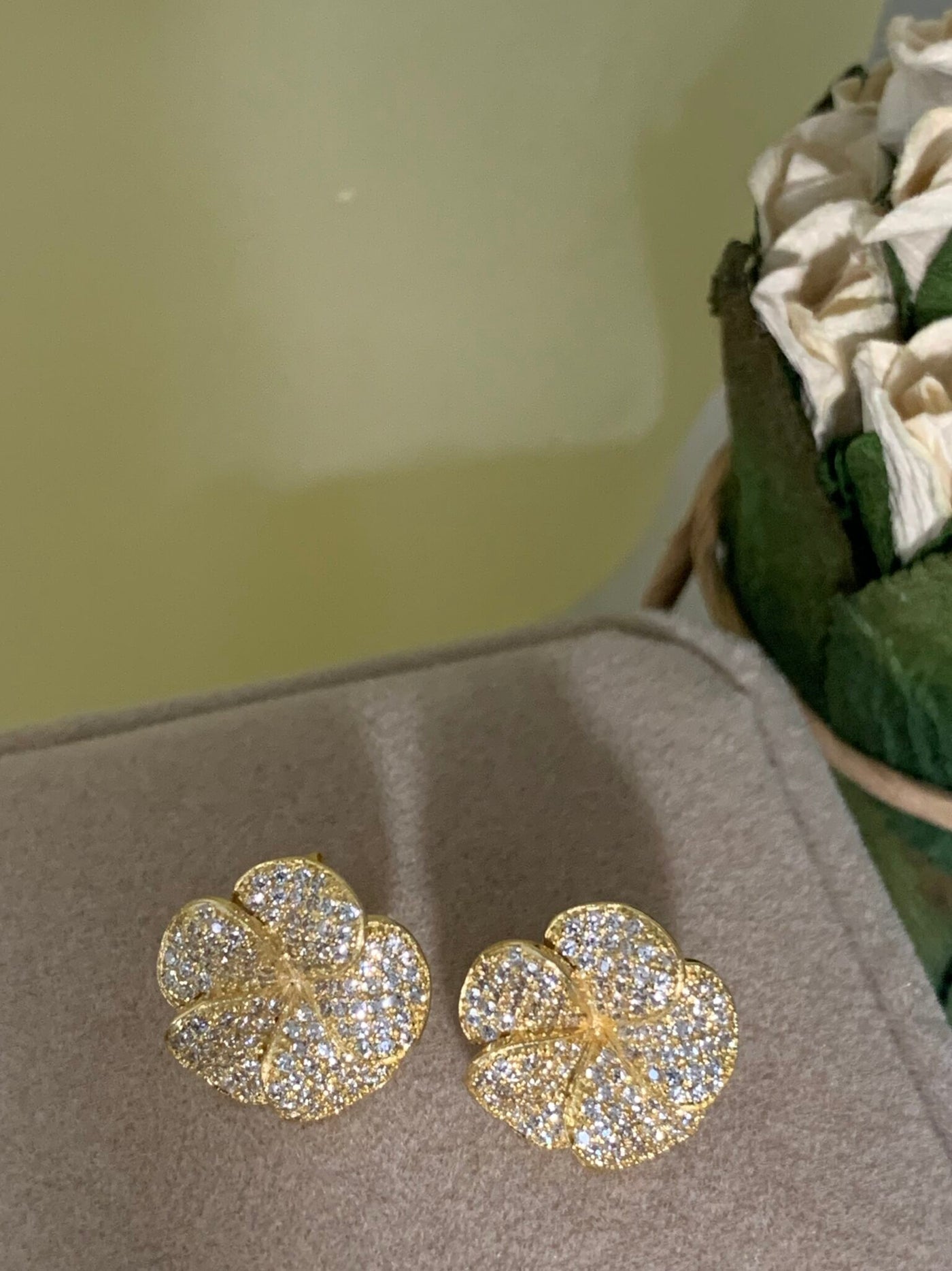 Yellow Gold Tone Pave Set Cubic Zirconia Flower Earrings on Post