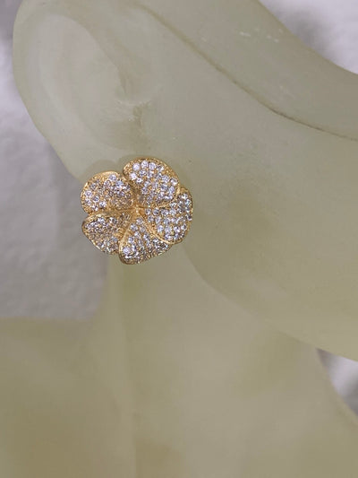 Yellow Gold Tone Pave Set Cubic Zirconia Flower Earrings on Post