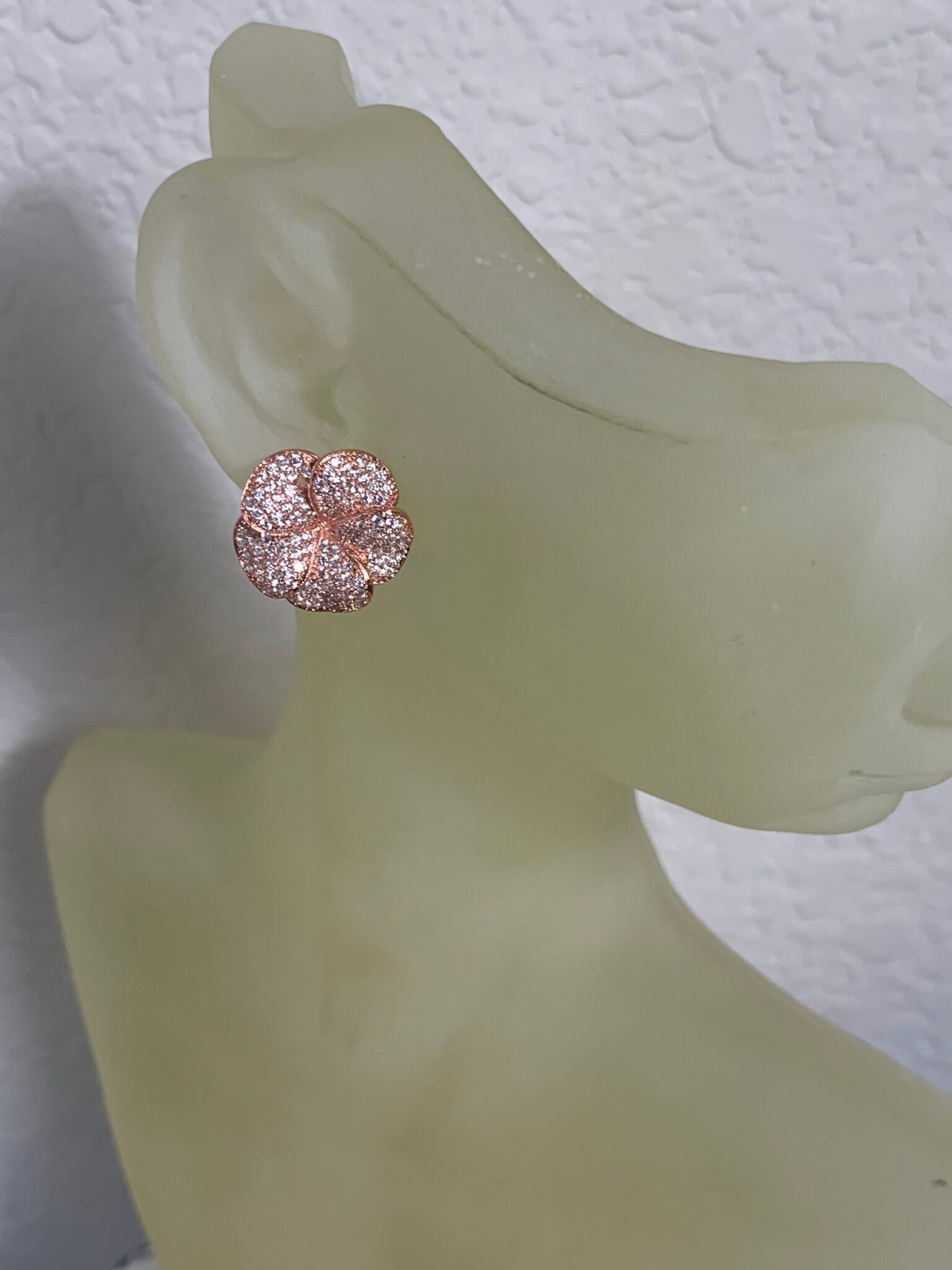 Rose Gold (Pink) Tone Pave Set Cubic Zirconia Flower Earrings on Post
