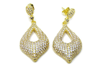 Yellow Gold Tone Pave Set Cubic Zirconia Pointed Tear Shape Dangling Earrings