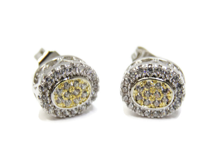Silver Tone & Yellow Gold Tone 2 Tone Stud Earrings with Pave Set Cubic Zirconia