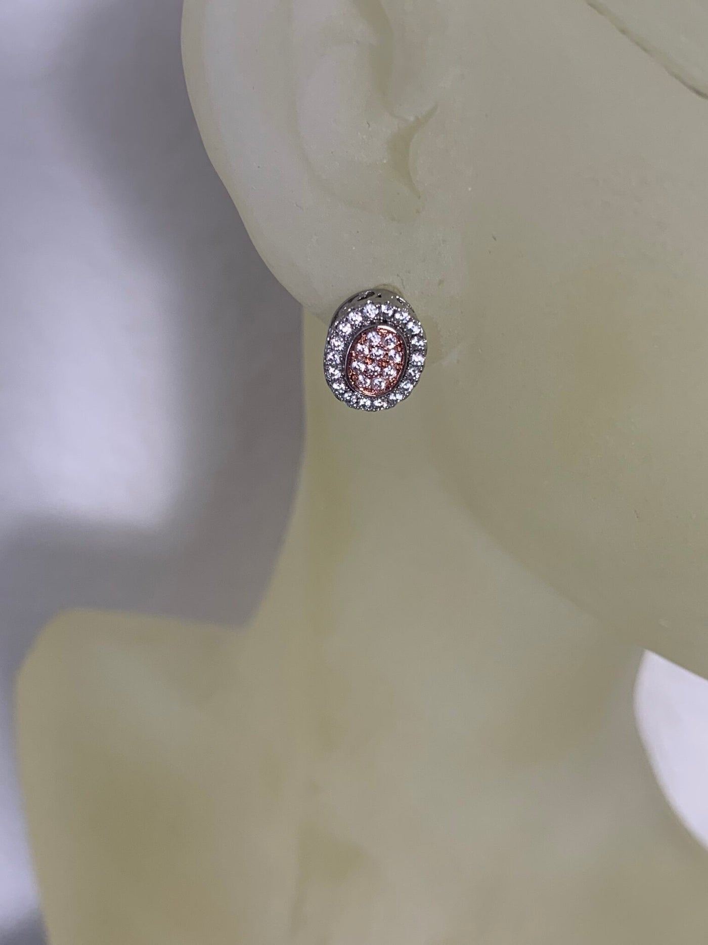 Silver Tone & Rose Gold Tone 2 Tone Stud Earrings with Pave Set Cubic Zirconia