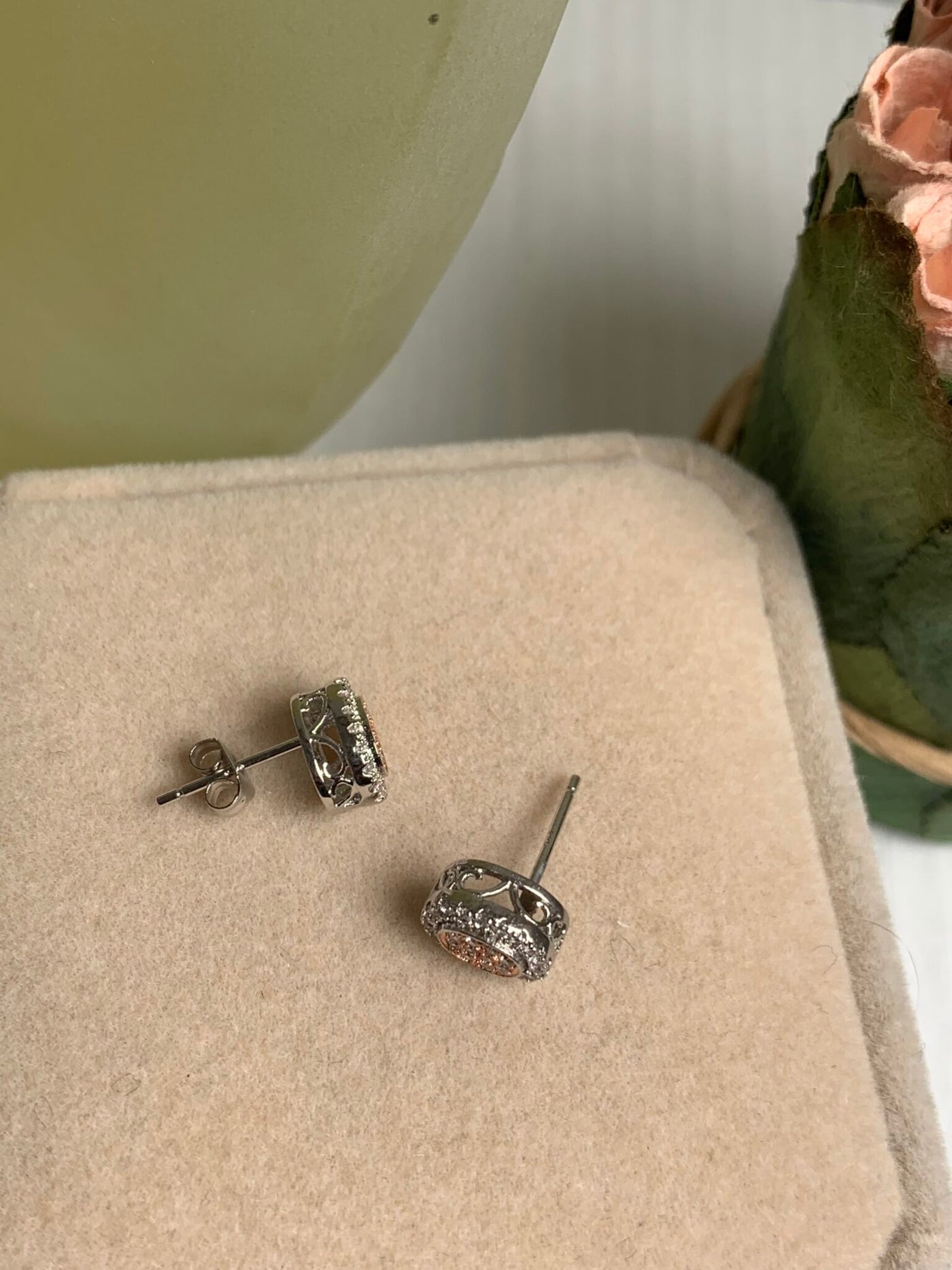 Silver Tone & Rose Gold Tone 2 Tone Stud Earrings with Pave Set Cubic Zirconia