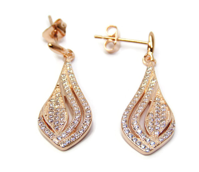 Rose Gold Tone Dangline Earrings Decorated with Pave Set Cubic Zirconia