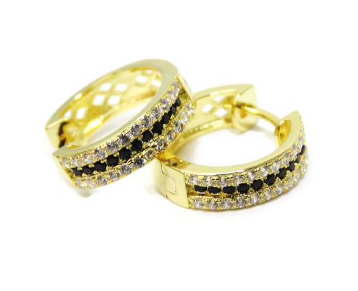 15mm Yellow Gold Tone 3-line Pave Set Cubic Zirconia CZ Hoop Earrings