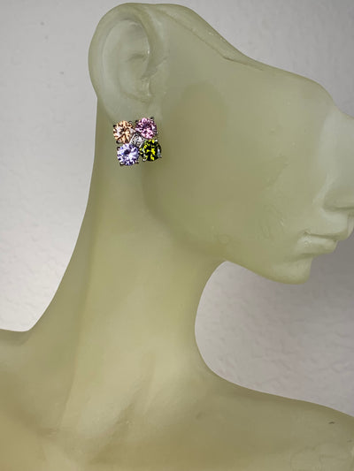 Colorful Cubic Zirconia Square Earrings in Silver Tone