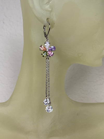 Floral Cubic Zirconia Dangling Earrings with Tassels