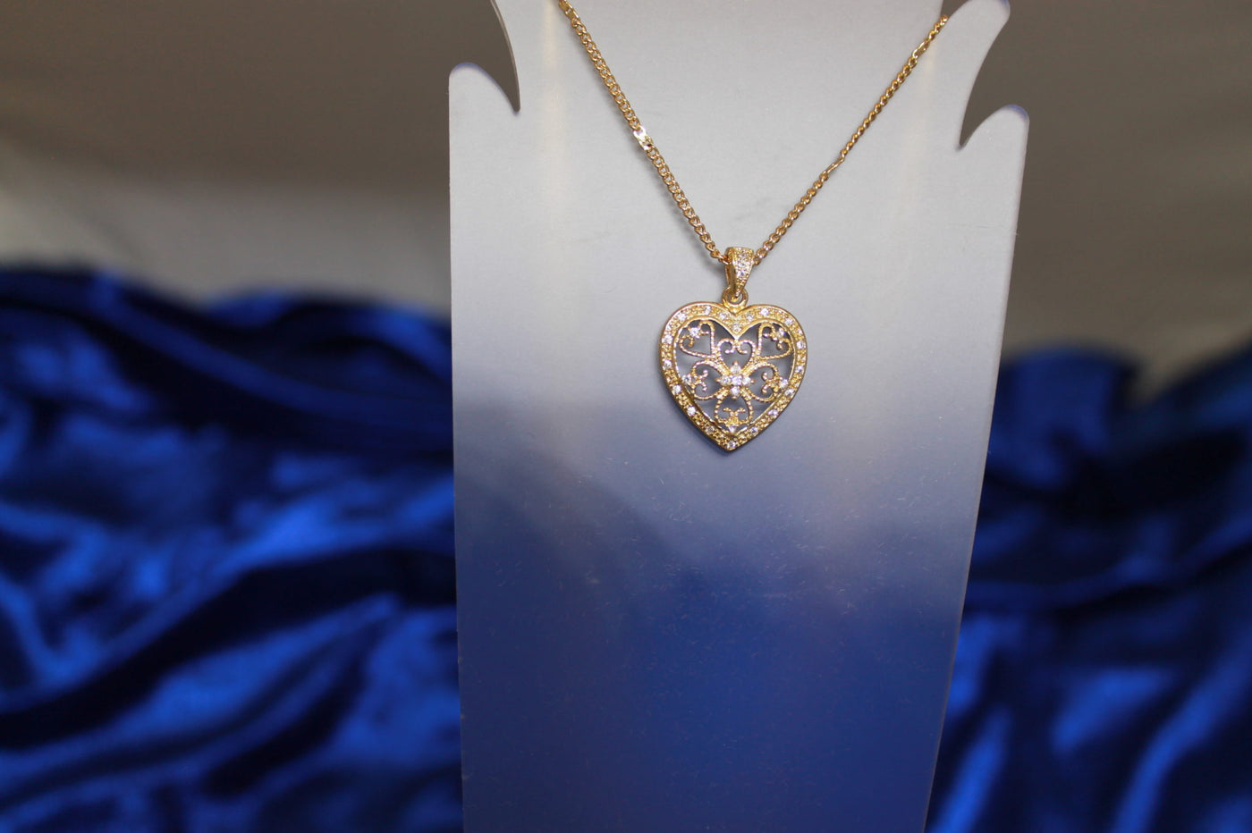 Pave Set Cubic Zirconia Filigree Heart Pendant Necklace in Yellow Gold Tone